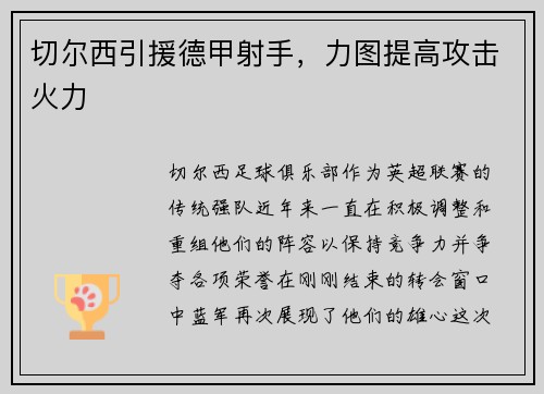 切尔西引援德甲射手，力图提高攻击火力