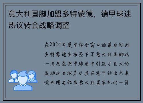 意大利国脚加盟多特蒙德，德甲球迷热议转会战略调整