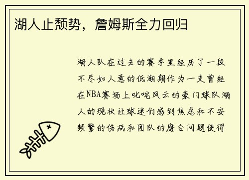 湖人止颓势，詹姆斯全力回归