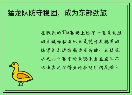 猛龙队防守稳固，成为东部劲旅